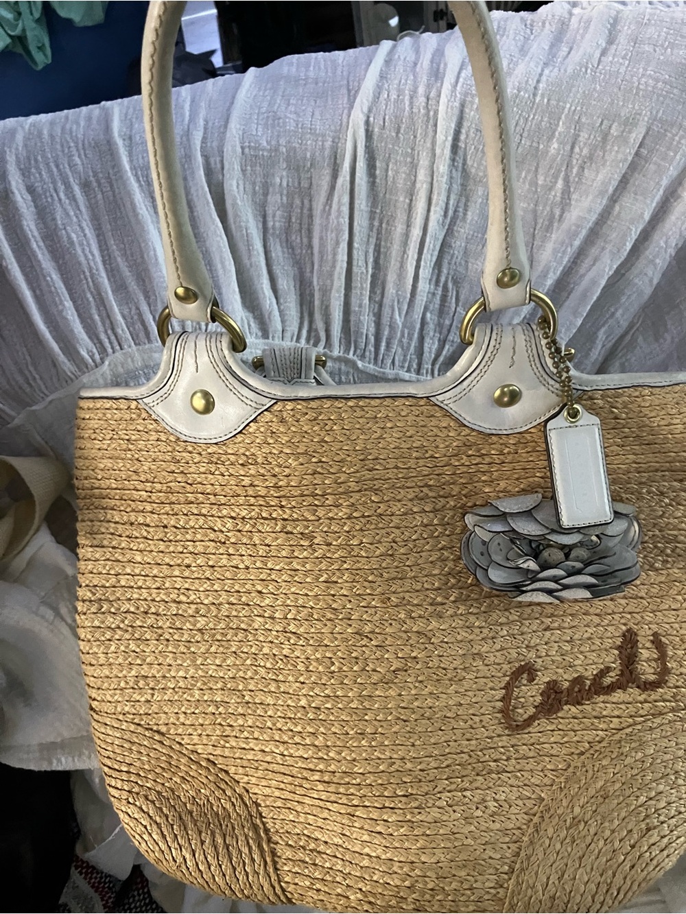 Coach Straw Tote with Cream Leather Trim and Floral Charm